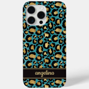 Funda Para iPhone 15 Pro Max Oro Laminado Sobre Monograma Impreso De Leopardo E