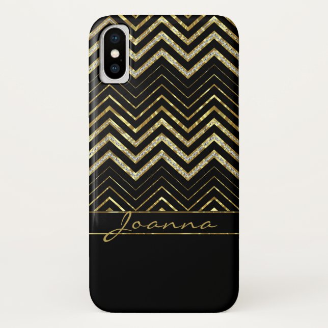 Funda De Case-Mate Para iPhone Oro Monogramado Y Chevron De Diamantes (Reverso)