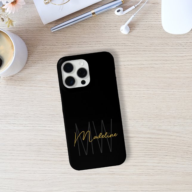 Funda De Case-Mate Para iPhone Oro Negro Monograma Moderno Chic (Black and Gold Monogram Phone Case by MINTIC DESIGN STUDIO)