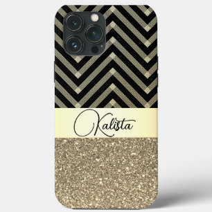Funda Para iPhone 13 Pro Max Oro Purpurinoso y Chevron negro personalizado
