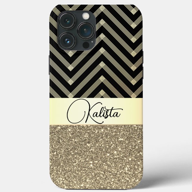 Funda De Case-Mate Para iPhone Oro Purpurinoso y Chevron negro personalizado (Reverso )