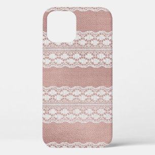 Funda Para iPhone 12 Oro rosa metálico, textura de encaje blanquecino.