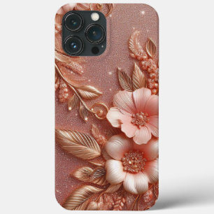 Funda Para iPhone 13 Pro Max Oro rosa moderno y elegante con curva floral
