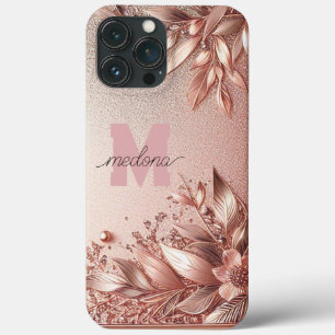Funda Para iPhone 13 Pro Max Oro rosa moderno y elegante con curva floral11