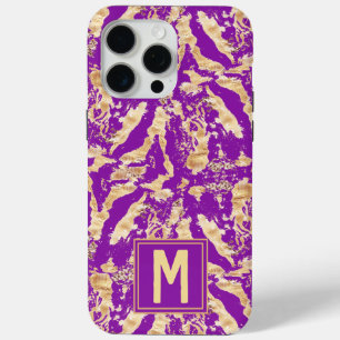 Funda Para iPhone 15 Pro Max Oro sobre mármol Chic morado Monograma Personaliza