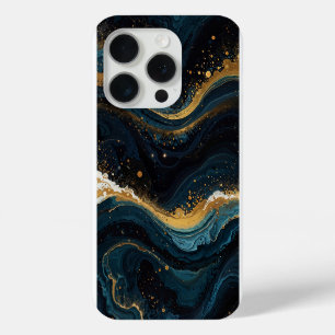 Funda Para iPhone 15 Pro Oro sómico y arte fluido azul, resumen de lujo