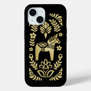 Funda Para iPhone 15 Oro sueco de caballo de Dala y negro
