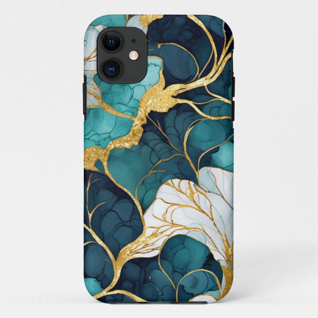 Funda De Case-Mate Para iPhone Oro Verde azulado floral japonés (Reverso)