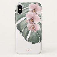 Orquídeas rosas en el floral tropical de Monstera