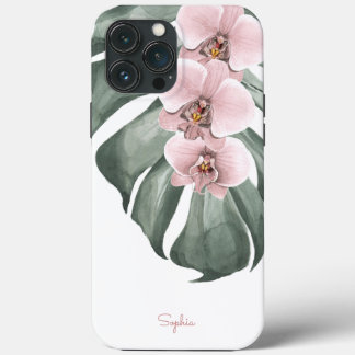 Funda Para iPhone 13 Pro Max Orquídeas rosas en el floral tropical de Monstera 