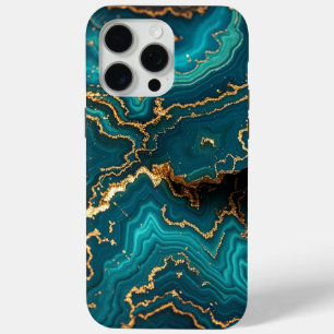 Funda Para iPhone 15 Pro Max Oscuro Verde azulado azul turquesa Faux Gold Agate