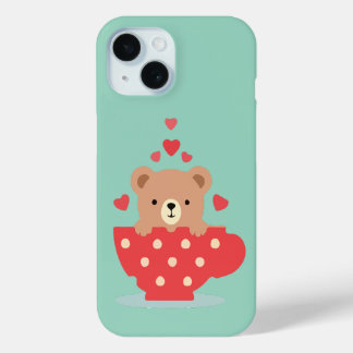Funda Para iPhone 15 Oso Adorable en una Taza de Té con Corazones