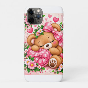 Funda Para iPhone 11 Pro Oso de peluche adorable con lazo rosa y corazones