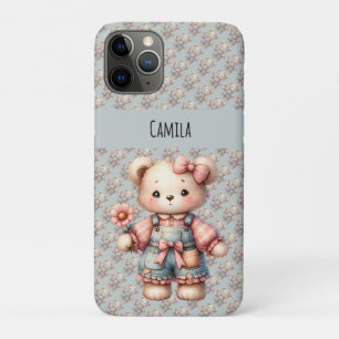 Funda Para iPhone 11 Pro Oso de peluche pastel sosteniendo una flor con ove
