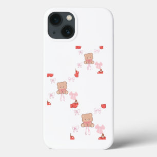 Funda Para iPhone 13 Oso de peluche rosa pastel lazo de cereza coqueta 