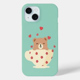 Funda Para iPhone 15 Oso de peluche sonriente acogedor en taza de té de