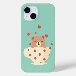 Funda Para iPhone 15 Oso de peluche sonriente acogedor en taza de té de