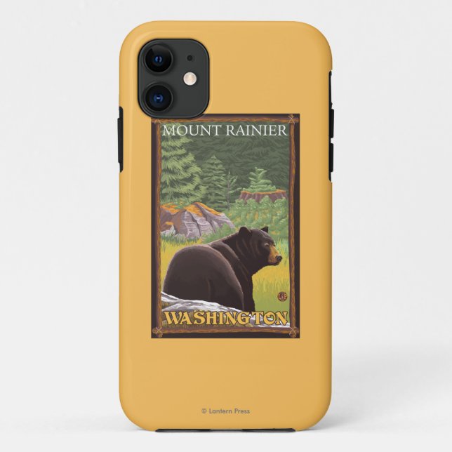 Funda De Case-Mate Para iPhone Oso negro en el bosque - el Monte Rainier, (Reverso)