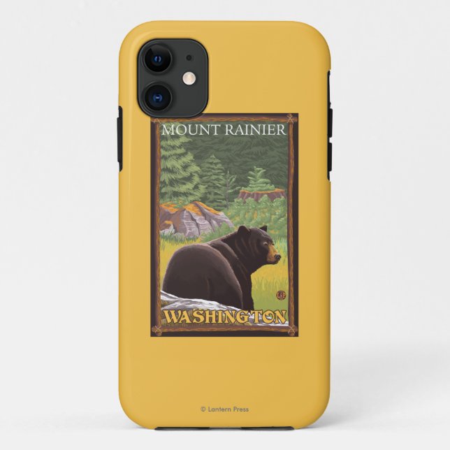Funda De Case-Mate Para iPhone Oso negro en el bosque - el Monte Rainier, (Reverso)