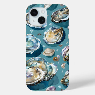 Funda Para iPhone 15 Ostras Clamas Seashels Patrón Azul