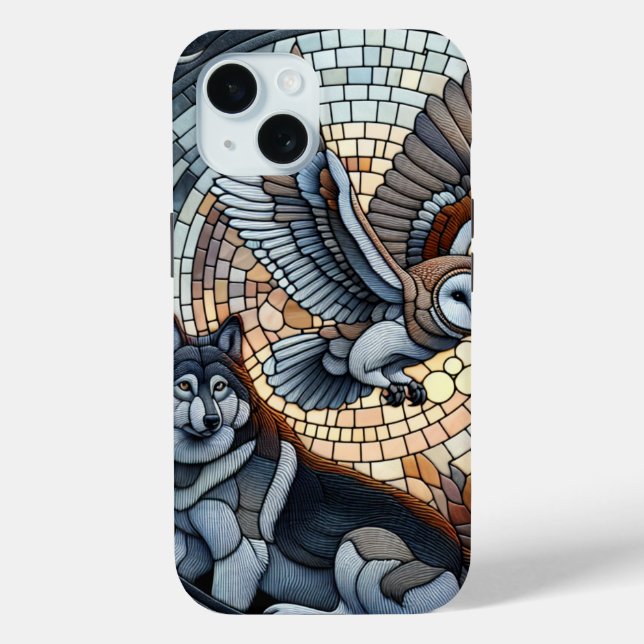 Funda De Case-Mate Para iPhone Owl and Wolf Mosaic Ai Art (Reverso )