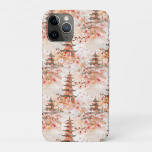 Funda Para iPhone 11 Pro Pagoda china acuarela con flores de cerezo