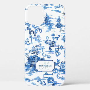 Funda Para iPhone 12 Pagoda Chinoiserie azul y blanco Personalizable