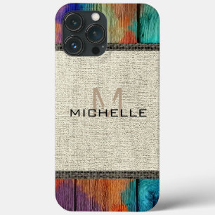 Funda Para iPhone 13 Pro Max Paint Wood Look Burlap Monograma Rústico