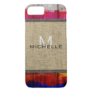 Funda Para iPhone 8/7 Paint Wood Look Burlap Monograma Rústico #7