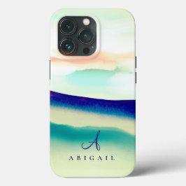 Funda Para iPhone 13 Pro Paisaje de resumen azul artístico monogramado