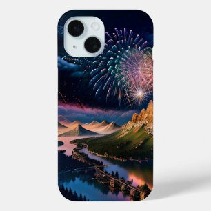 Funda Para iPhone 15 Paisaje del río FireWorks Mountain Bridge Village