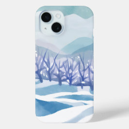 Funda Para iPhone 15 Paisaje invernal pintura de acuarela azul nevado