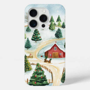 Funda Para iPhone 15 Pro Paisaje rústico de invierno acuarela con árboles f