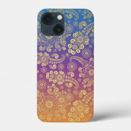 Funda Para iPhone 13 Mini Paisley de lujo dorado sobre azul, púrpura y Naran