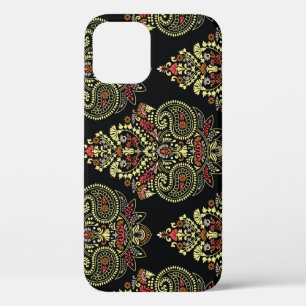 Funda Para iPhone 12 Paisley indio, fondo geométrico negro