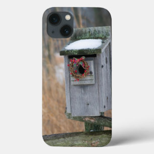 Funda Para iPhone 13 Pájaro, caja de nido con corona navideña en invier