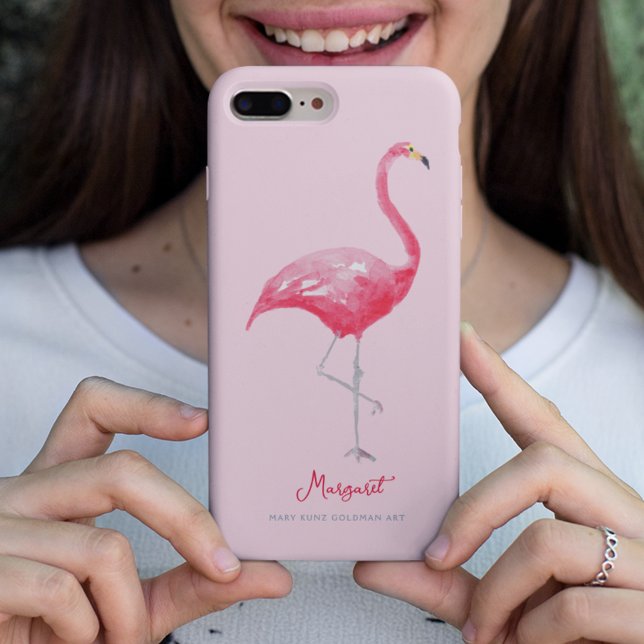 Funda De Case-Mate Para iPhone Pájaro de la selva tropical rosa Flamingo (This pink flamingo is my own unique watercolor art! Your personalization appears in a cute script.)