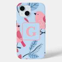 Pájaro rosado lindo en monograma personalizado azu