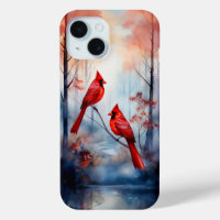 Pájaros Cardenales Rojos en un Bosque Brumoso