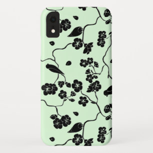 Funda Para iPhone XR Pájaros en Flor de Cerezo Negros sobre Verde Menta