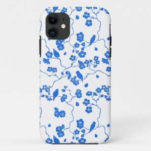 Funda Para iPhone 11 Pájaros en Impresión Azul de Flor de Cerezo
