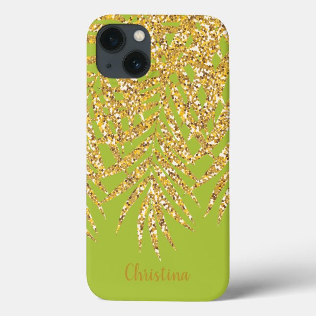 Funda De Case-Mate Para iPhone Palm Fronds Gold Nombre Chartreuse Personalizado (Reverso)