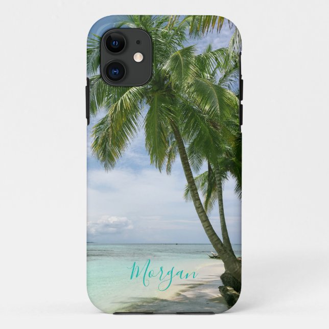 Funda De Case-Mate Para iPhone Palm Trees, Tu Foto, Nombrar Guión Verde azulado (Reverso)
