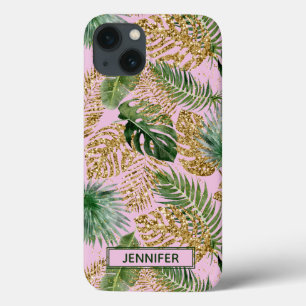 Funda Para iPhone 13 Palm verde rosa tropical deja nombre Purpurina de 
