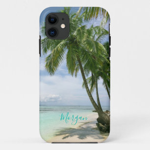 Funda Para iPhone 11 Palmeras, Tu Foto, Nombre en letra cursiva teal
