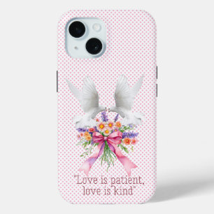 Funda Para iPhone 15 Palomas Blancas de Lazo Floral de Punto Rosa Relig