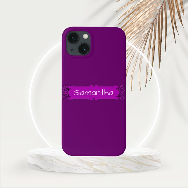 Funda De Case-Mate Para iPhone Pancarta personalizada de Purple Center (Personalized Purple Banner Phone Case  with Gold Frond Mockup)