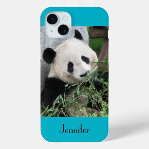 Funda Para iPhone 15 Mini Panda gigante cutáneo, fondo azul, nombre personal