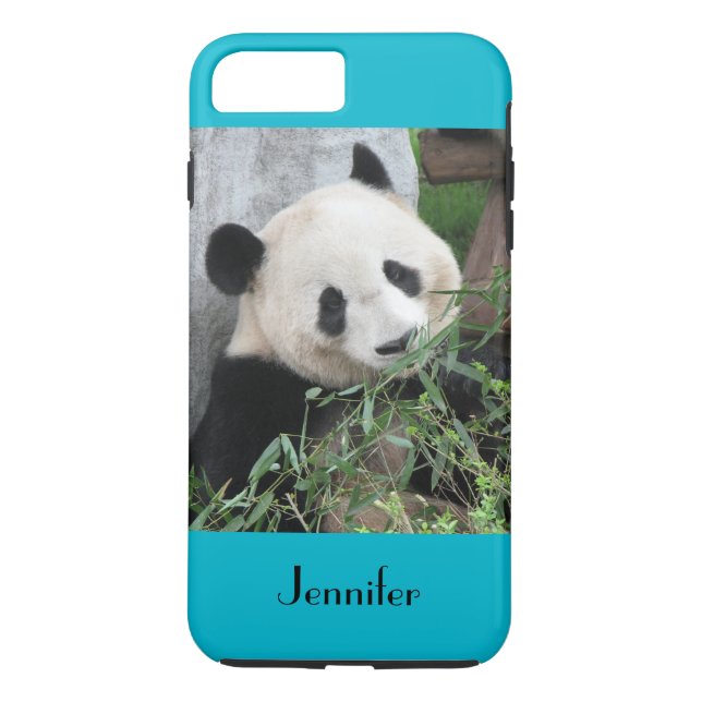 Funda De Case-Mate Para iPhone Panda gigante linda, fondo azul, nombre de encargo (Reverso)