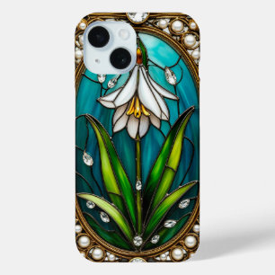 Funda Para iPhone 15 Panel de vidrio teñido ornamentado con flor blanca